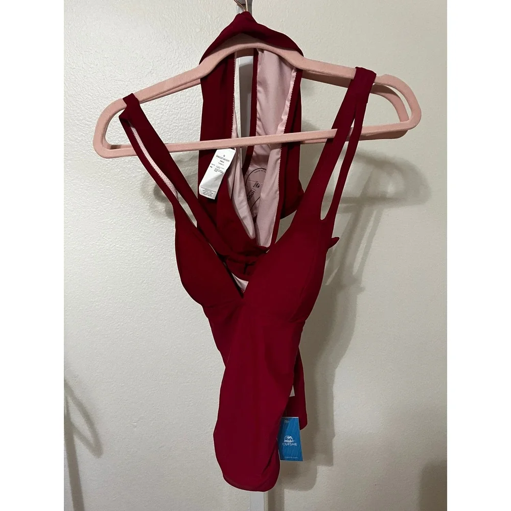 NWT Cupshe Dark Red Maroon Cross‎ BackTankini Top & Standard Bottoms Set Small